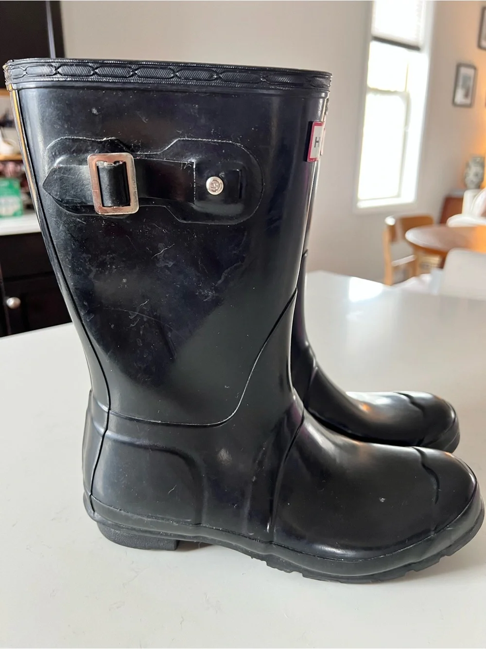 Hunter Black Gloss Waterproof Rain Boots with Buckle Detail